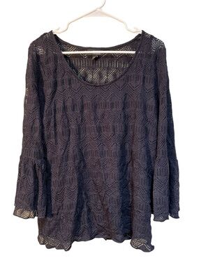 A.N.A. Women's Sz XL Lace Crochet Blouse Black Mesh Lined Bell Sleeve Scoop Neck